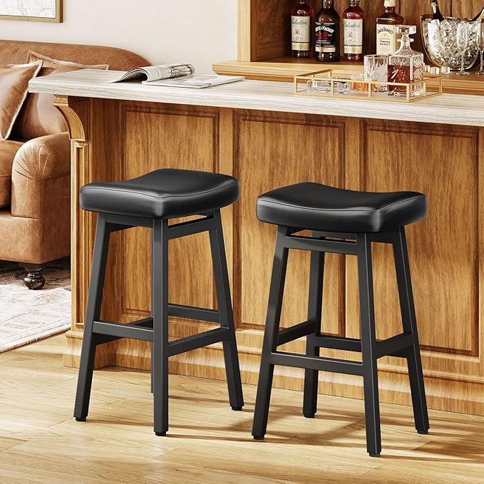 Raynesys 29 Inches Bar Stools Set of 2, Bar Height Barstools for Home Counter, Blackless Barstool with Bonded Leather Saddle Seats & Heavy Duty Metal Legs, Easy Assembly, All Black