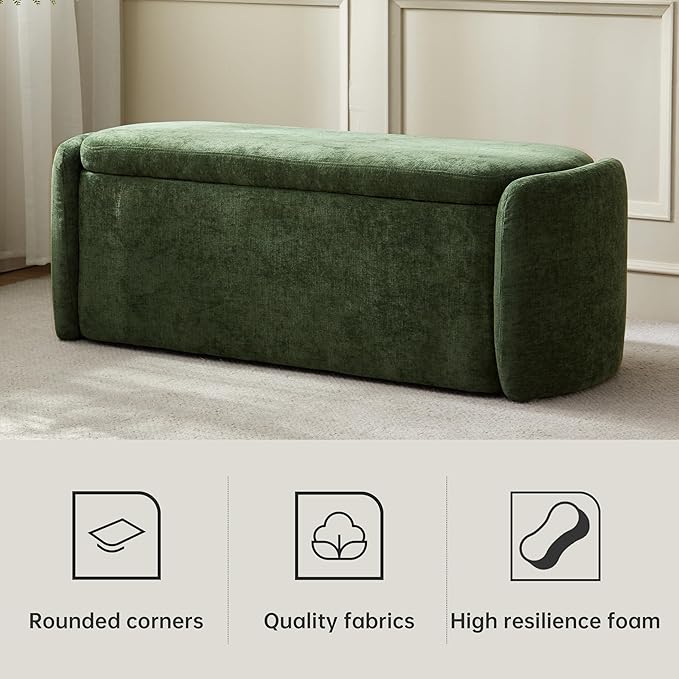 VKNOW 46" Oval Storage Ottoman Bench, Upholstered End of Bed Bench Ottomans Bench Foot Rest, Sherpa Storage Bench for Bedroom, Living Room and Hallway, Green