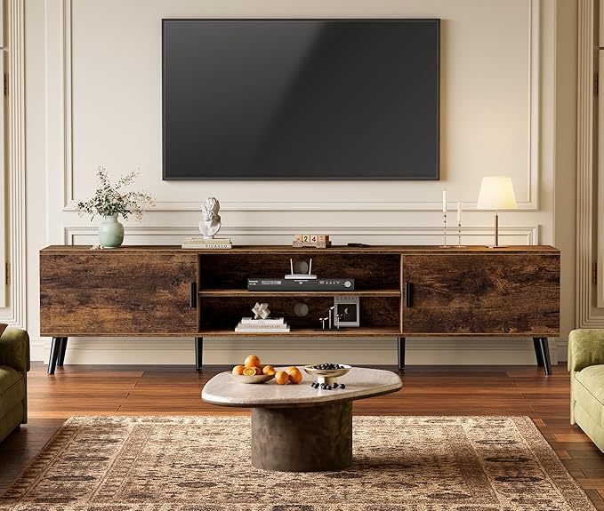 SUPERJARE 70.9 Inch TV Stand for 65, 75 Inch TV, Entertainment Center with Adjustable Shelf, 2 Cabinets, TV Console Table, Media Console, Solid Wood Feet, Cord Holes, for Living Room, Rustic Brown