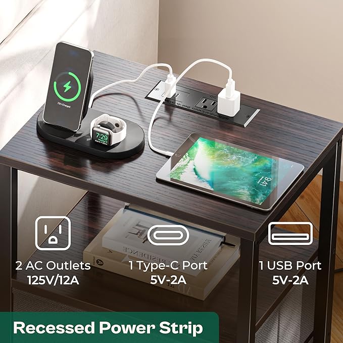 Huuger Nightstands Set of 2, End Tables with Charging Station, Fabric Drawers, Bedside Tables with USB Ports and Outlets, Night Stands for Bedroom, Walnut