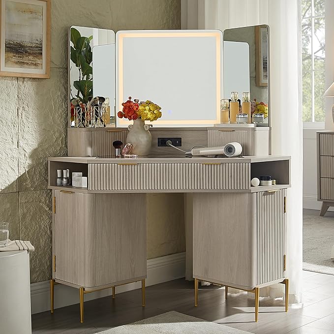 T4TREAM 48" Fluted Makeup Vanity Desk with HD Triple Mirror and Lights, Large Lighted Corner Vanity with Glass Top, Modern Dressing Table with 3 Drawers & 2 Cabinets for Bedroom, White Alder
