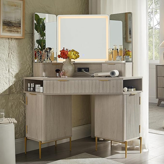 T4TREAM 48" Fluted Makeup Vanity Desk with HD Triple Mirror and Lights, Large Lighted Corner Vanity with Glass Top, Modern Dressing Table with 3 Drawers & 2 Cabinets for Bedroom, White Alder