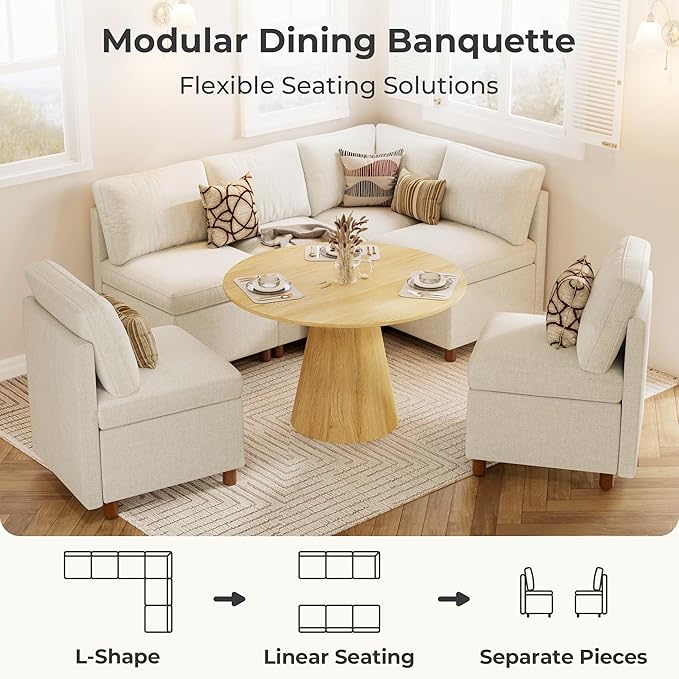 SITJOY Breakfast Nook Bench with Storage, Modular Corner Kitchen Banquette Seating, Dining Settee Couch, Upholstered Dining Bench with Back, Soft-to-Touch Fabric in Beige, 6-Seat L Shaped Nook