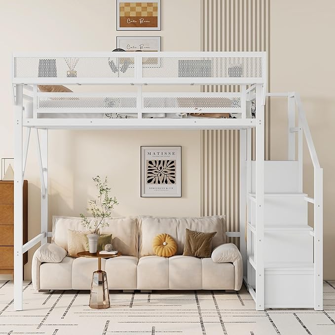 KEIKI Full Size Metal Loft Bed Frame with Convertible Staircase, Built-in Storage Shelves and Wardrobe, Loft Bed with Solid Slats, Guardrail, No Box Spring Required, Easy Assembly, for Bedroom, White