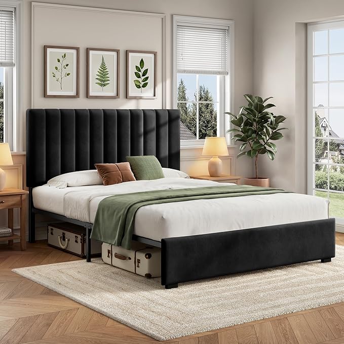 Welzona Full Upholstered Bed Frame with Headboard, Velvet Upholstered Metal Platform Bed with Vertical Channel Tufted Headboard, 3-Level Height, Metal Slat Support, Noise-Free Easy Assembly, Black
