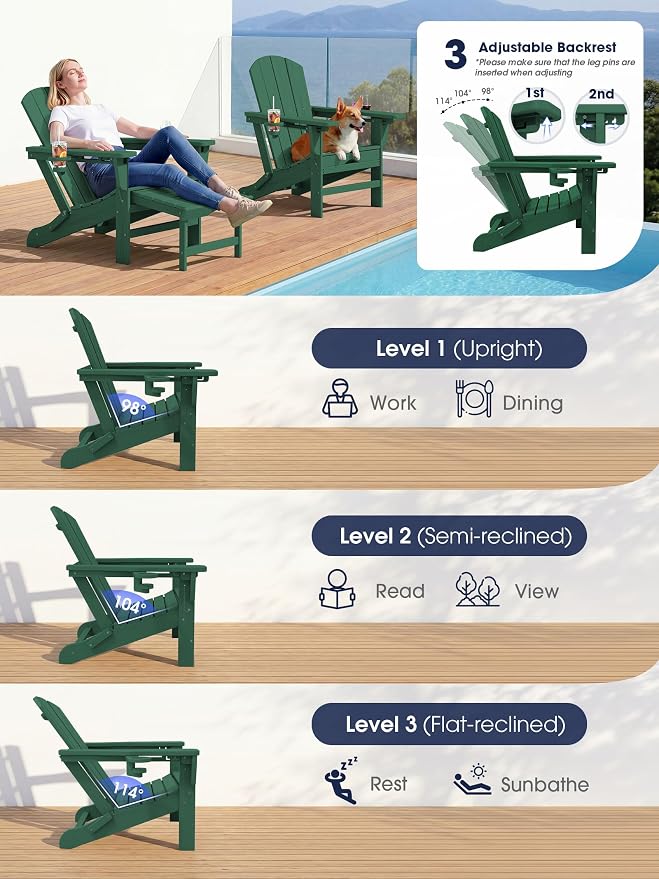 KINGYES Adjustable Folding Adirondack Chair with Ottoman & 2 Cup Holders Set of 2, HDPE Adirondack Reclining Chair with Footrest, Green