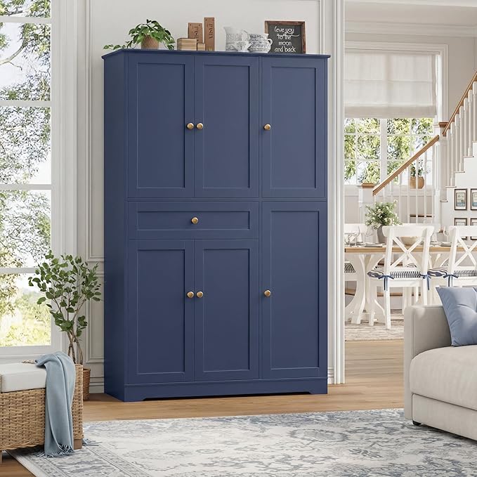 HOSTACK 68" Tall Kitchen Pantry Storage Cabinet, Modern Kitchen Hutch Cabinet with Doors and Shelves, Freestanding Food Pantry with Large Storage Drawer for Dining Room, Living Room, Navy Blue