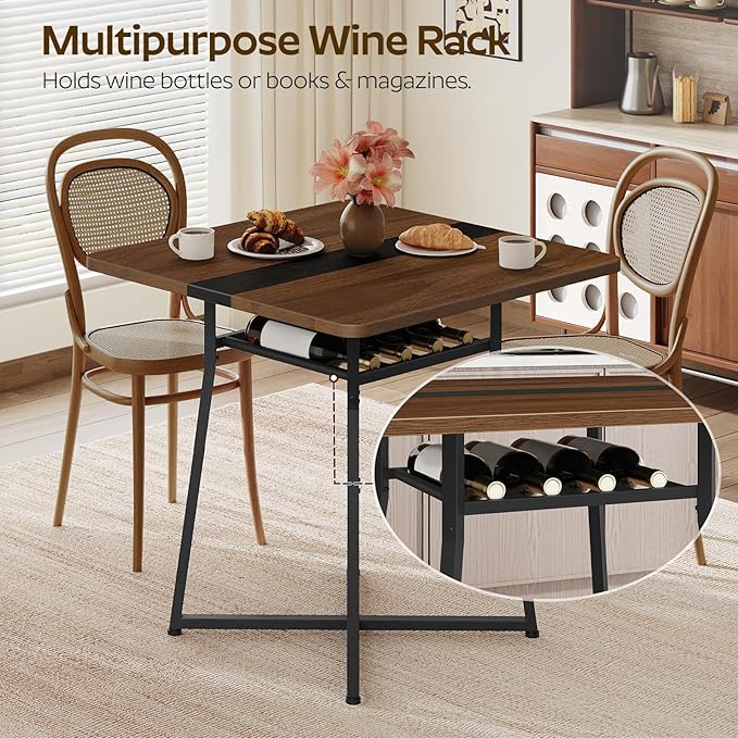 YATINEY Dining Table, 29.5'' Kitchen Table, Dining Room Table with Wine Rack, Versatile Small Dining Table, Easy Assembly, for Restaurant, Cafe, Apartment, Black and Walnut CZ02BH