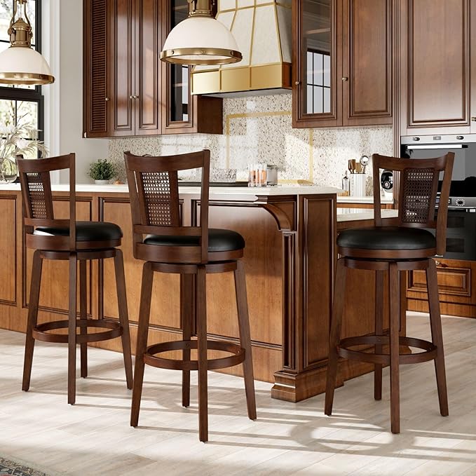 Sophia & William Swivel Bar Stools Set of 3, Bar Height Barstools with Backrest & Solid Wood Legs, Brown Faux Leather Kitchen Stools, 30 Inch