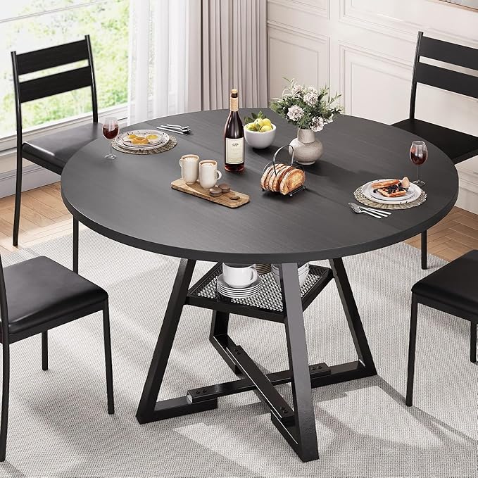 Jocoevol Round Dining Table for 4,Kitchen Dining Room Circle Dinner Pedestal Table,Space Saving Wood Kitchen & Dining Room Furniture (Black, 47In)