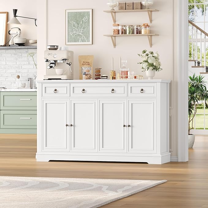 FINETONES Buffet Cabinet with Storage, 52.7" Large Sideboard Buffet Cabinet, White Kitchen Cabinet with 3 Drawers and 4 Doors, Wood Coffee Bar for Kitchen Dining Room, White