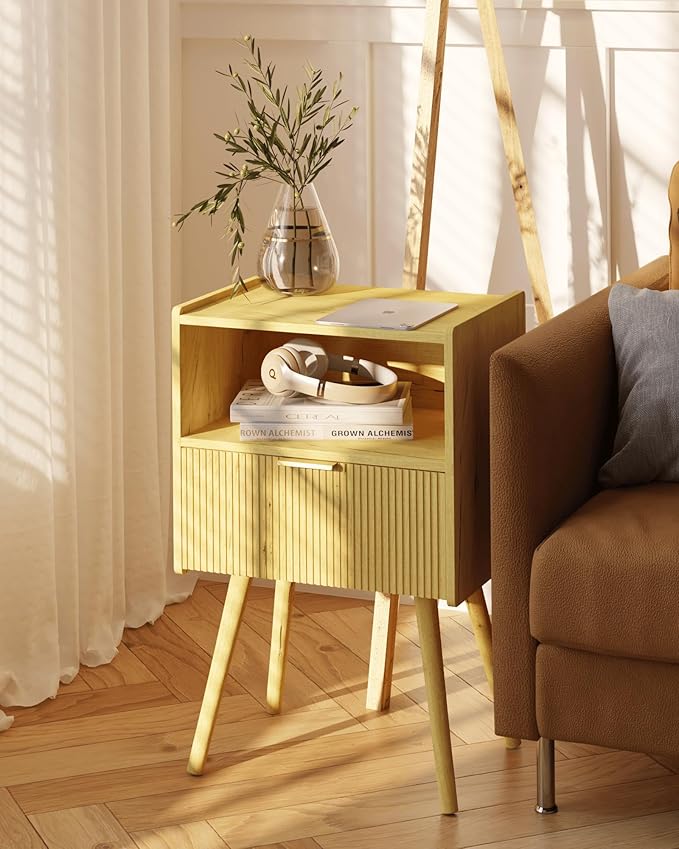 JOONEE Nightstand,Modern Bedside Table with Storage Drawer and Open Wood Shelf, for Living Room, Bedroom and Small Spaces, Accent Night Stand with Solid Wood Legs, Easy Assembly,Vintage Yellow Oak