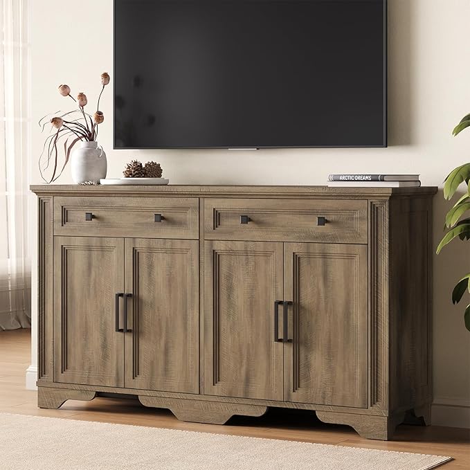 ONBRILL 55" Sideboard Buffet Cabinet, Kitchen Buffet Storage Cabinet, Large Credenza with Drawers & Doors, Wood Coffee Bar Console Wine Bar for Living Room Hallway Washed Brown