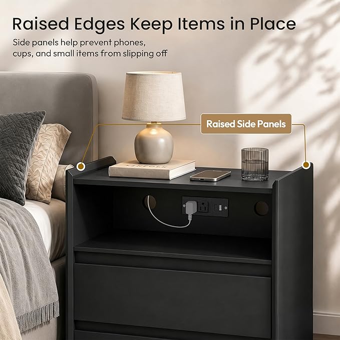 24" Tall Nightstand with Charging Station Including USB-C, Modern Bedside Table and Sofa End Table - Black, 2 Drawers, Set of 2