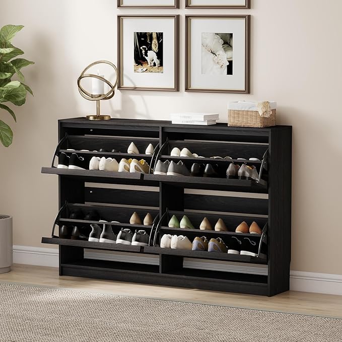 Shoe Storage Cabinet for Entryway with 4 Flip Drawers, Wooden Shoe Organizer Cabinet with Adjustable Shelf, Slim Freestanding Shoe Rack for Entryway, Hallway, Living Room, Black
