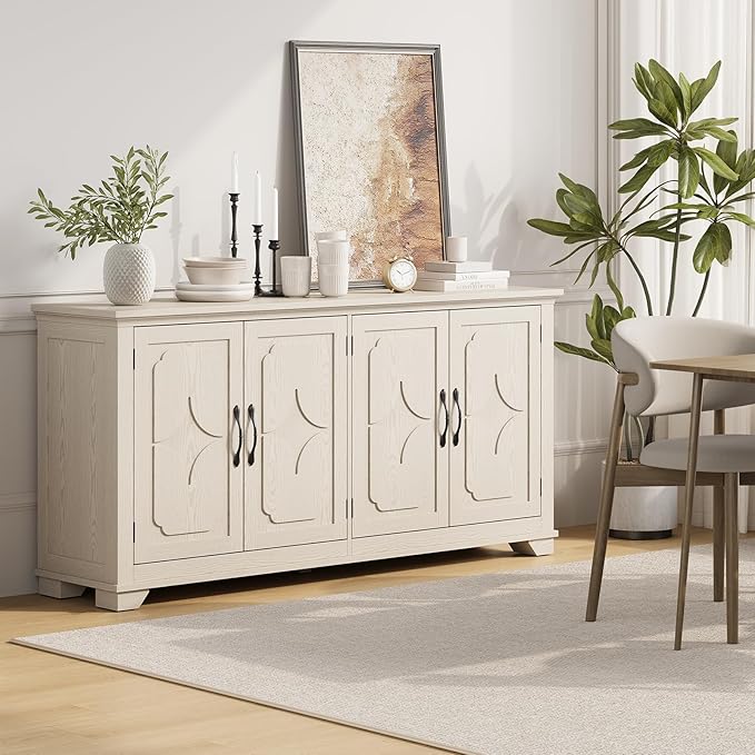 ONBRILL 63 Inch Buffet Cabinet with Storage, Large Sideboard Cabinet with 4 Carved Doors, Modern Credenza Storage Cabinets w/Adjustable Shelves for Kitchen, Living Room, Off White