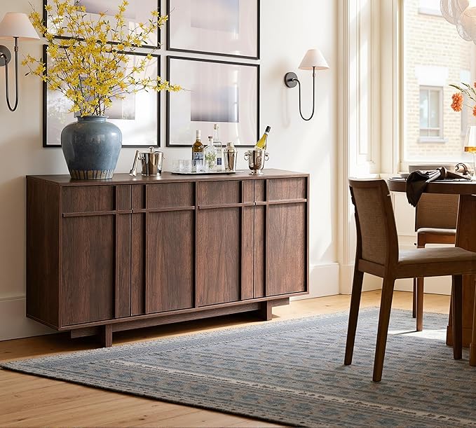 Sideboard Buffet Cabinet with Storage, Mid Century Modern Accent Cabinet with Skeleton Line & Wood Grain Texture,Minimalist Geometric Credenza for Living Room, Kitchen and Entryway, Cherry