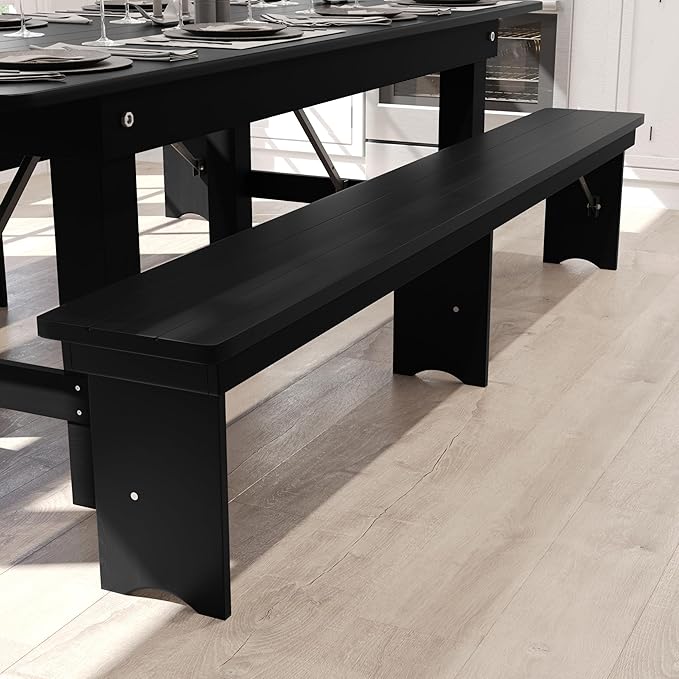Flash Furniture Hercules Commercial Farmhouse Folding Bench, Antique Solid Pine Entryway Bench, Foldable Locking Legs, 8' x 12", Black Wash