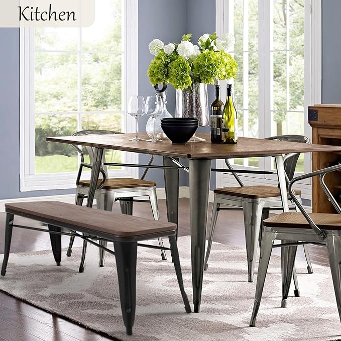 YOLENY Dining Bench, Entryway Bench with Back, Farmhouse Metal Dining Bench, Industrial Mid-Century 3 Person Rustic Spindle Bench, with Wood Seat, Removable Backrest, 42in, Black