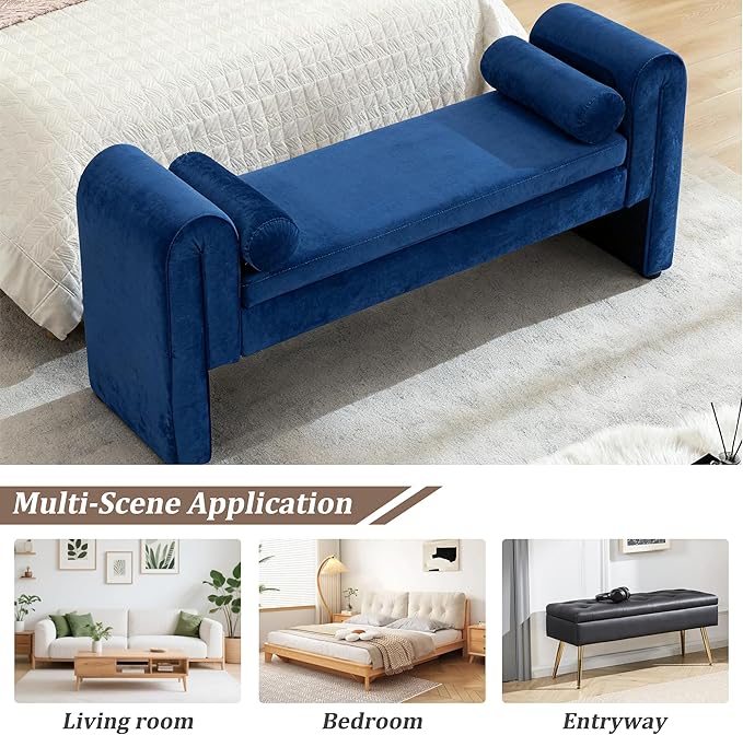 Storage Bench for Bedroom End of Bed, Velvet Upholstered Rolled Armed Button Tufted Sofa Stool Bench, Storage Ottoman Couch Long Bench with Solid Wood Legs (Navy-2)
