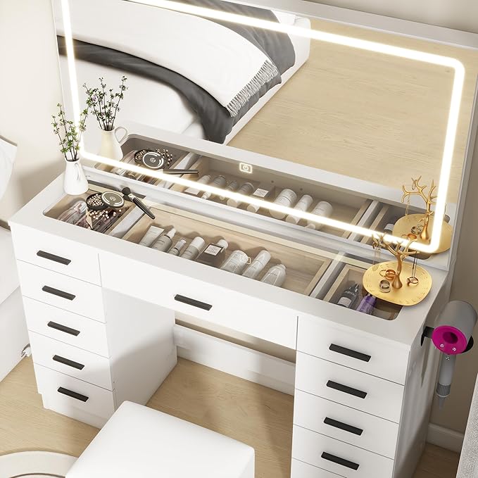 Panana Vanity Desk with 11 Drawers, Glass Top Makeup Table with Mirror and LED Lights Vanity with Stool 3 Lighting Modes Brightness Adjustable Dressing Table with Power Outlet (White)
