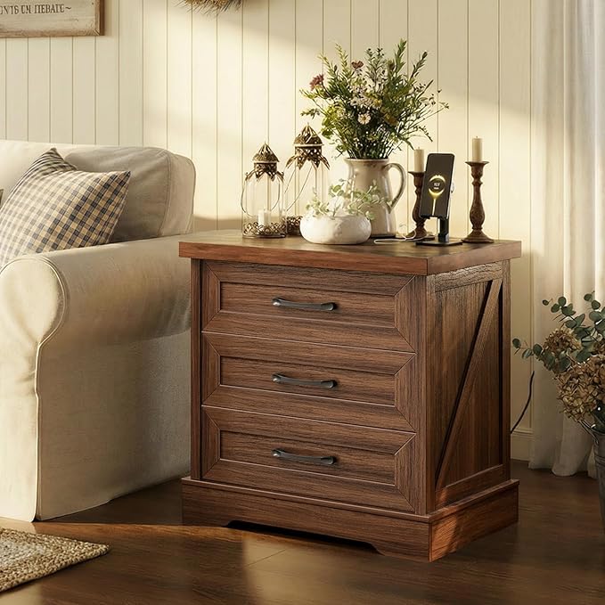 AODK Farmhouse Nightstands Set of 2, 24 Inch Bedside Tables with Charging Station, End Tables with Three Drawers, Bed Side Tables with Outlet and USB for Bedroom & Living Room, Dark Walnut