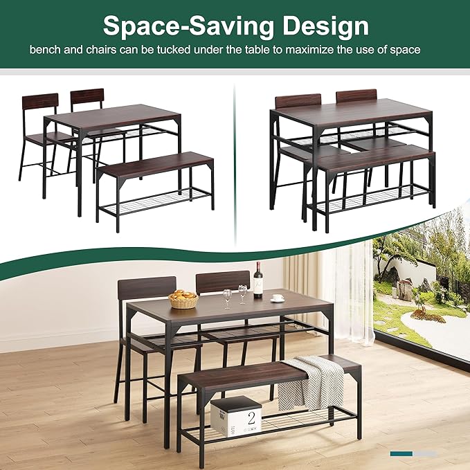 Shintenchi Kitchen Table Chairs Set of 4, Dining Table Set for 4 with Bench and Chairs, 4 Pieces Kitchen Table Set with Storage Rack & Metal Frame for Small Space, Dark Walnut