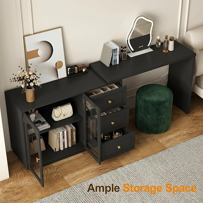 RoyalCraft 83" Makeup Vanity Desk, Black Vanity Dresser, L Shaped Corner Vanity Table with 3 Drawer & 2 Door, Modern Extendable Dressing Table for Bedroom, Dressing Room, Small Space (Without Mirror)