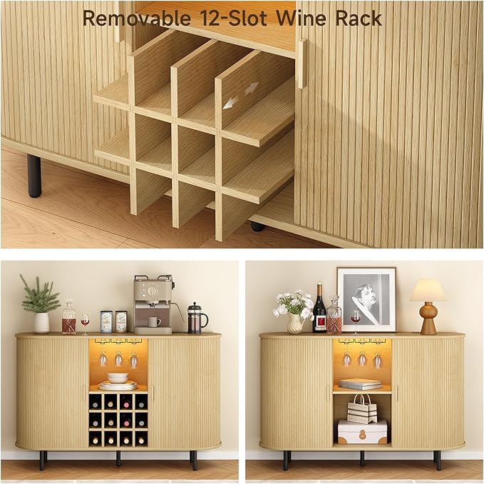 ONBRILL 55" Wine Bar Cabinet with LED Light,Modern Liquor Whiskey Coffee Station with Wine Rack and Glass Holder, Farmhouse Buffet Sideboard with Storage for Living Room, Kitchen, Entryway (Oak)