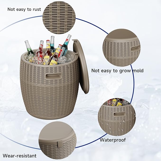 EasyUp 9.5 Gallon Outdoor Cooler Table, Wicker Round Ice Bucket for Parties, Rattan Bar Table with Top Lid Side Handles Drainage Plug, Beer Wine Cooler Side Tables for Patio, Poolside, Deck, Grey