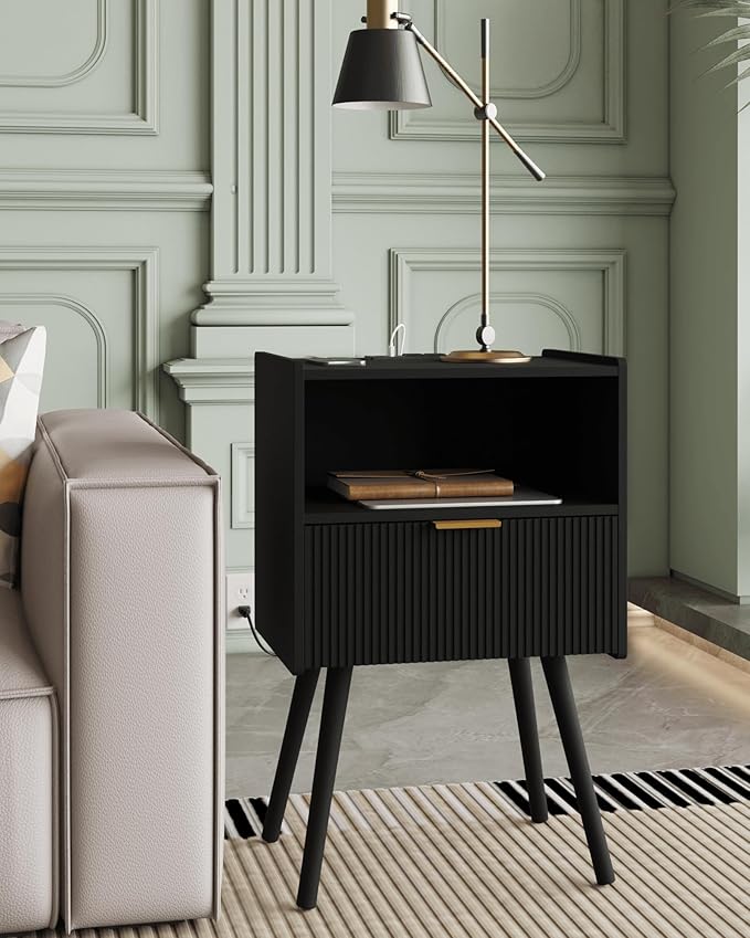 Veegle Nightstand,Modern Bedside Table with Storage Drawer and Open Wood Shelf, Accent Night Stand with Solid Wood Legs for Living Room, Bedroom and Small Spaces,Easy Assembly (Black-Outlet)