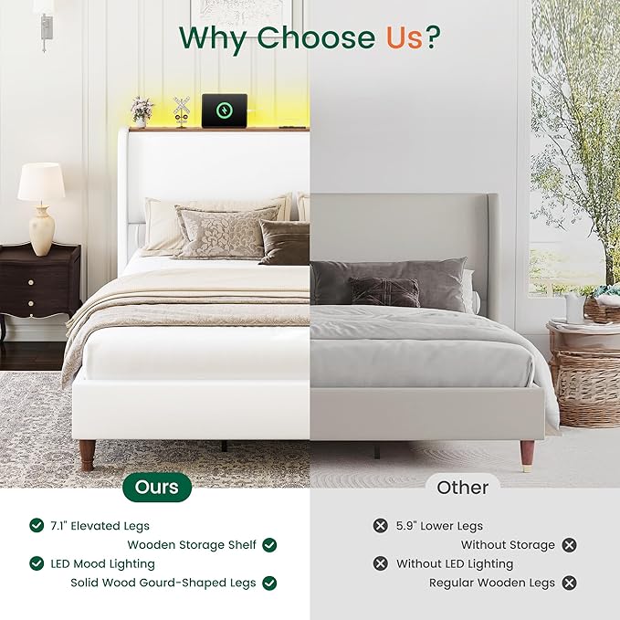 LARMACE King Size Bed Frame with LED Lights and Charging Station Linen Upholstered Platform Bed Frame with 51.2" Tall Wingback Headboard and Storage Shelf, No Box Spring Needed, Easy Assembly, Cream