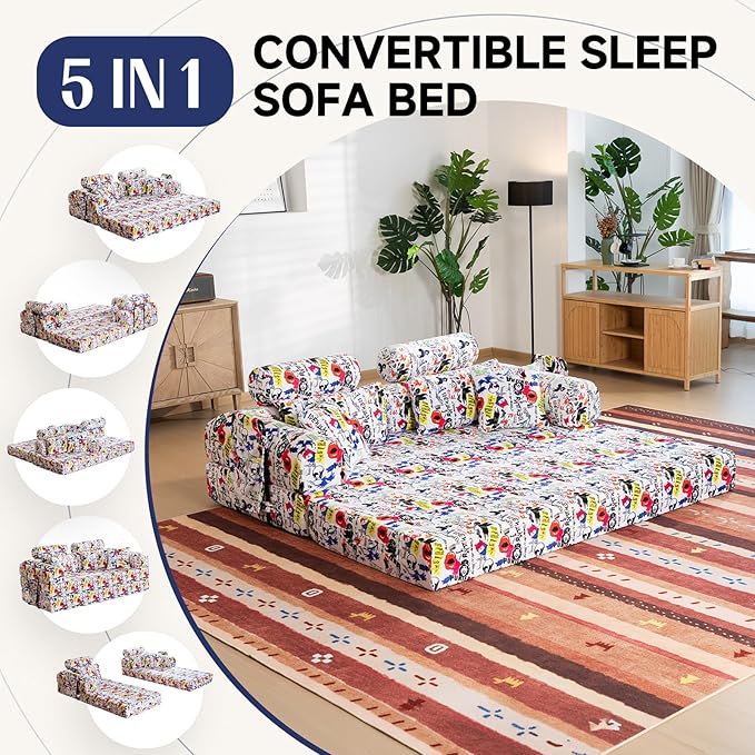 79" Convertible Boneless Couch for Small Spaces, 6-in-1 Corduroy Sofa Bed with High Backrest, Pillows, High-Density Foam Loveseat Sleeper Couch in a Box for Living Room, No Assembly, Graffiti A