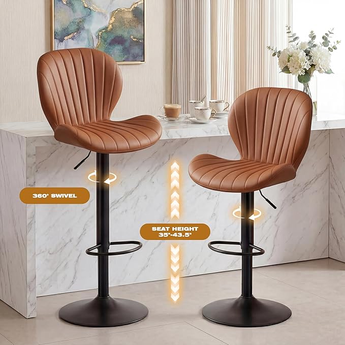 GRUSIGN Bar Stools Set of 2, Modern Swivel Adjustable Bar Chairs, Faux Leather Upholstered Counter Height Bar Stools with Backrest, Comfort Barstools for Kitchen Island, Home Bar, Brown