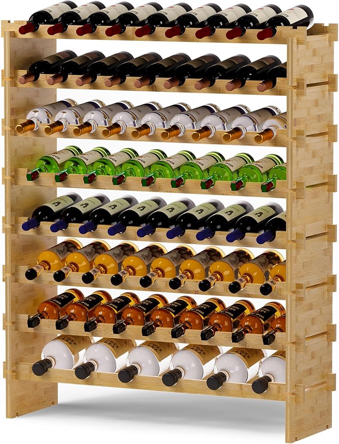 Wine Rack Freestanding Floor, Bamboo 8-Tier 69 Wine Bottle Holder Racks Countertop Cabinet Display, Wooden Stackable Modular Wine Storage Organizer Shelves for Kitchen Bar Cellar Dining Room Natural