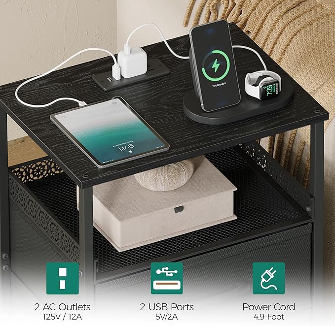 JARHETUN Nightstand Set of 2, Night Stands with Charging Station, 26.4 Inch Tall Bedside Table with Metal Shelf, Side Table with 2 Fabirc Drawers for Bedroom, Black