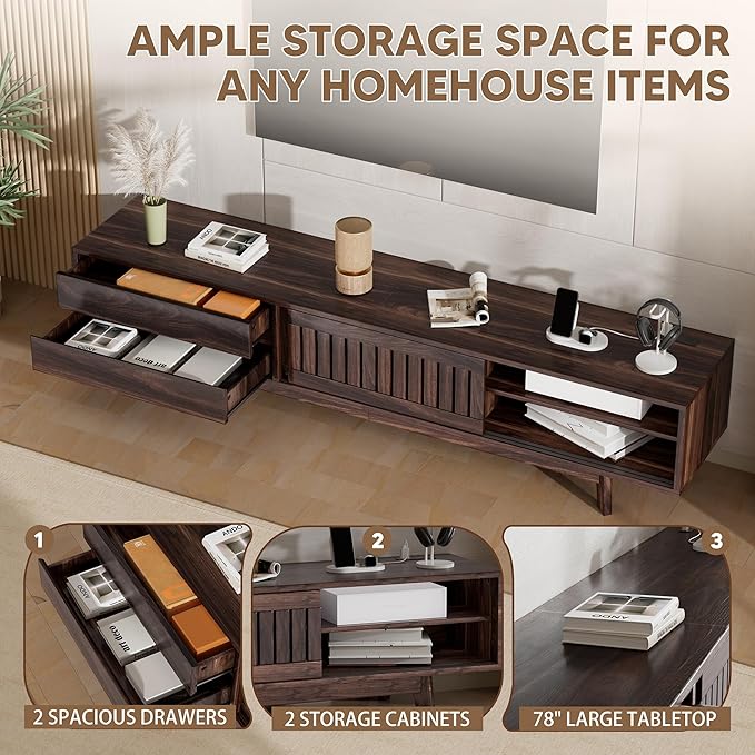 TV Stand for up to 85 Inch TVs, 78.7" Entertainment Center with Storage & Power Outlet, Mid Century Modern Media Console w Drawers and Sliding Door, Television Stands for Living Room, Walnut
