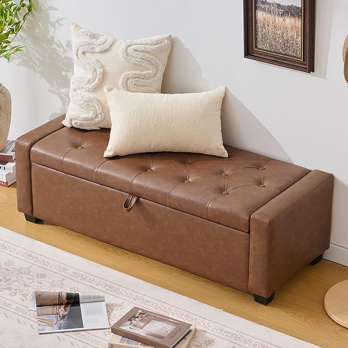 Huatean Home 48" Ottoman with Storage, Storage Ottoman Bench with Safety Hinge, Upholstered Entryway Bench with Seating for Bedroom, Living Room, Holds up to 330 lb, Brown