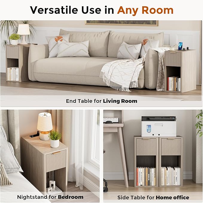Homleke Narrow End Table with Fluted Drawer and Charging Station, Small Nightstand with USB Ports & Outlets, Bedside Table for Bedroom or Living Room, Modern Accent Table, Light Gray Oak