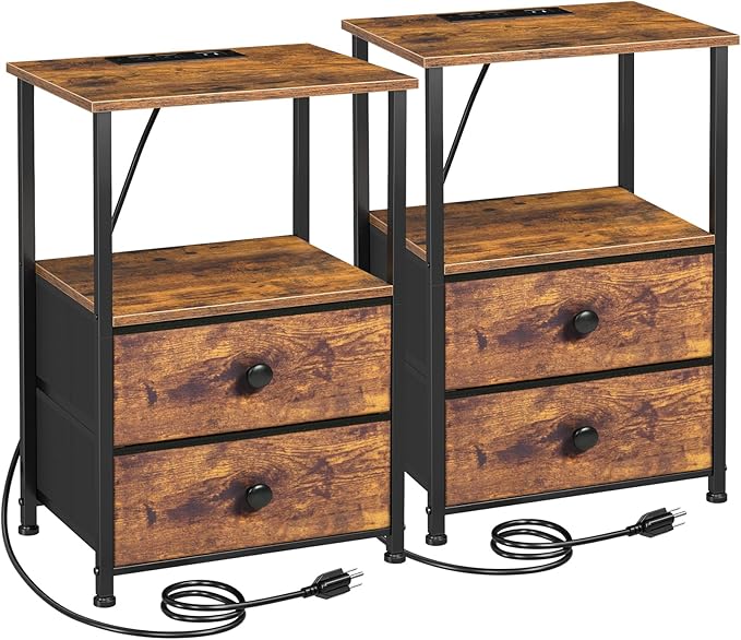 LOAKEKEL Night Stand Set 2, Nightstand with Charging Station, End Tables with Storage Shelf for Small Spaces, Bedside Table Side Tables with 2 Fabric Drawers for Bedroom, Rustic Brown, HETS020PBR