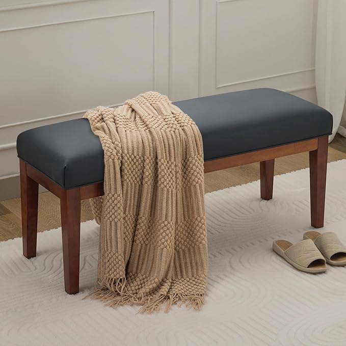 WUTUTUEE 43.5'' Faux Leather Bedroom Bench, Upholstered End of Bed Bench, Padded Vintage Dining Bench, Entryway Bench with Solid Wood Legs, Kitchen, Living Room, Hallway, Black