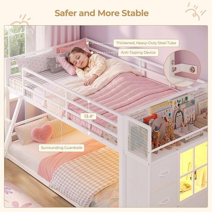 BTHFST Low Bunk Bed Twin Over Twin with 7 Large Fabric Drawers & Bookshelf, Metal Bunk Bed with RGB LED Lights & Slanted Ladder & Safety Guardrail, Kids Low Loft Bed Twin for Small Space, White
