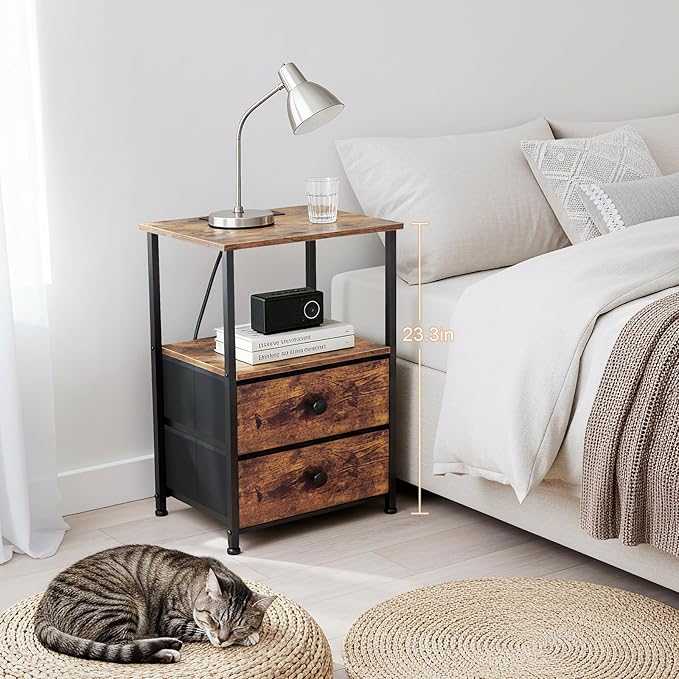 LOAKEKEL Night Stand Set 2, Nightstand with Charging Station, End Tables with Storage Shelf for Small Spaces, Bedside Table Side Tables with 2 Fabric Drawers for Bedroom, Rustic Brown, HETS020PBR