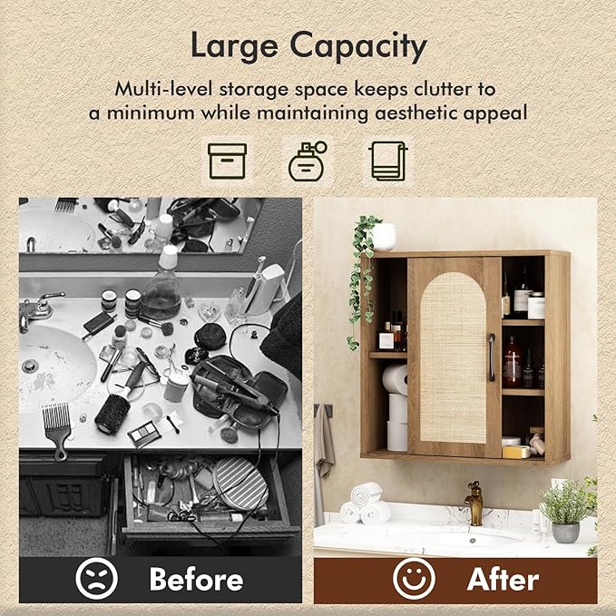 RUSTOWN Boho Rattan Wall Cabinet, Mid Century Bathroom Cabinet with Sliding Door, Adjustable Shelves, Over The Toilet Storage Cabinet (Rustic Oak)