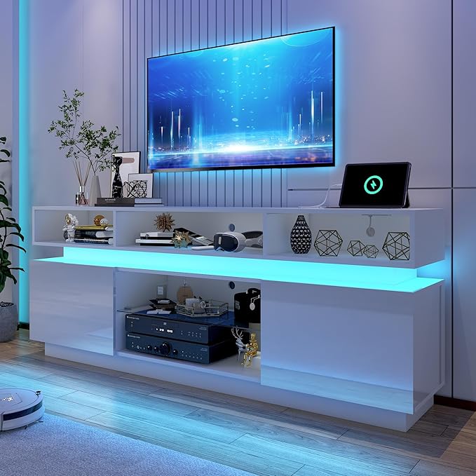 chartustriable LED TV Stand for 75 Inch TV, Modern Tall Entertainment Center with Power Outlets, High Gloss TV Stand, Gaming TV Media Console with Glass Shelf for Living Room, 63 Inch, White