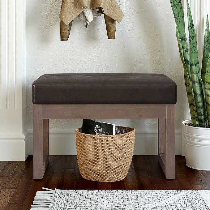 SIMPLIHOME Milltown Small Ottoman Bench - 27" Wide x 18" High Upholstered Vegan Leather Rectangle Footstool Ottoman in Distressed Brown, Contemporary Bench for Bedroom with Cushioned Seat, Assembled