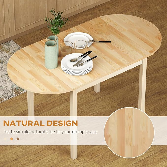 HOMCOM 55" Solid Wood Kitchen Table for 4-6 People, Oval Drop Leaf Tables for Small Spaces, Folding Dining Table, Natural