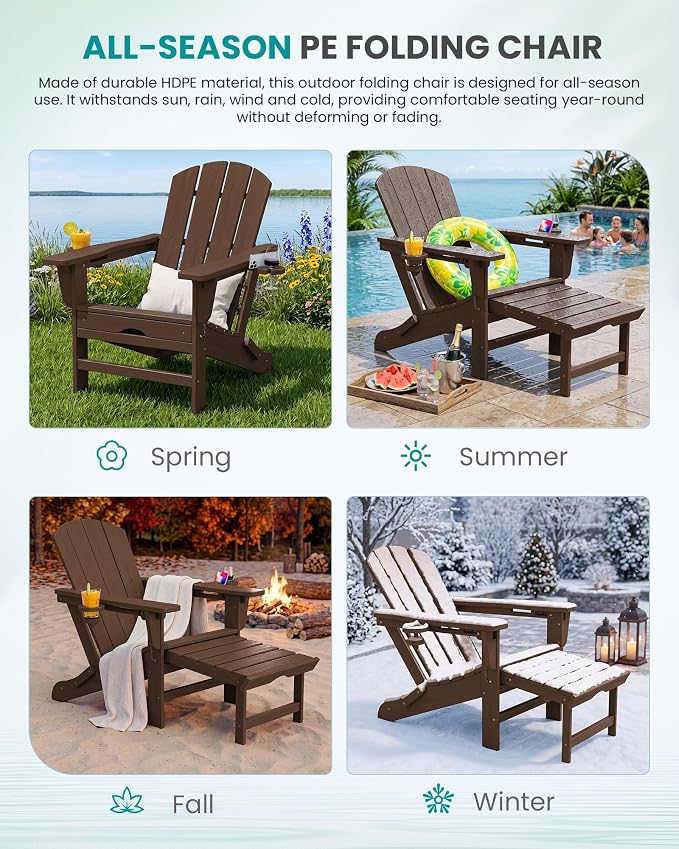 SERWALL Folding Adjustable Adirondack Chairs with Footrest Set of 4, HDPE Outdoor Chair with Dual Cup Holders, All Weather Adirondack Chair with Ottoman, Coffee