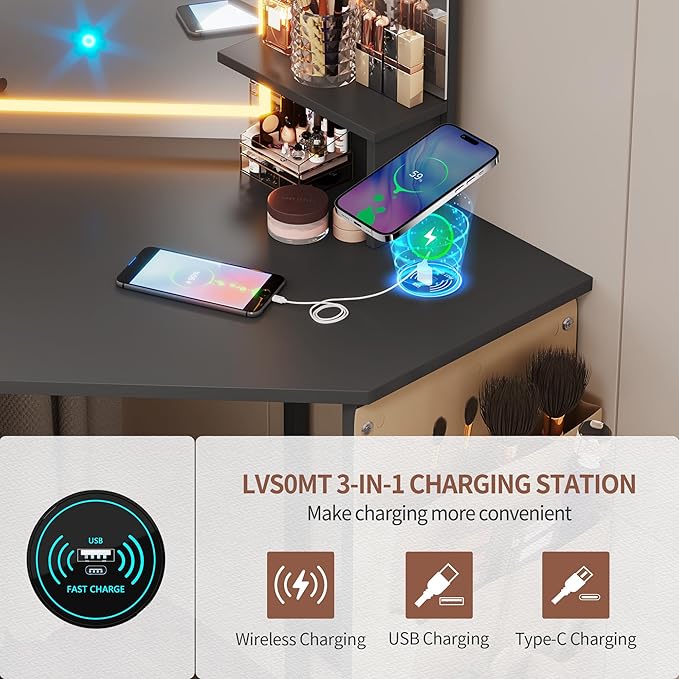 LVSOMT Corner Vanity Desk with Mirror and Lights, Makeup Vanity with Charging Station, Dressing Table with 3 Lighting Options, Vanity Set with Stool, Women’s Vanity for Bedroom, Black