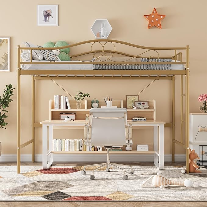 IDEALHOUSE Loft Bed Twin Size with Ladder & Full Safety Guardrail, Heavy Duty Metal Twin Loft Bed 400 Lbs Load Capacity, Space-Saving, Noise Free, No Box Spring Needed, Easy Assembly, Gold